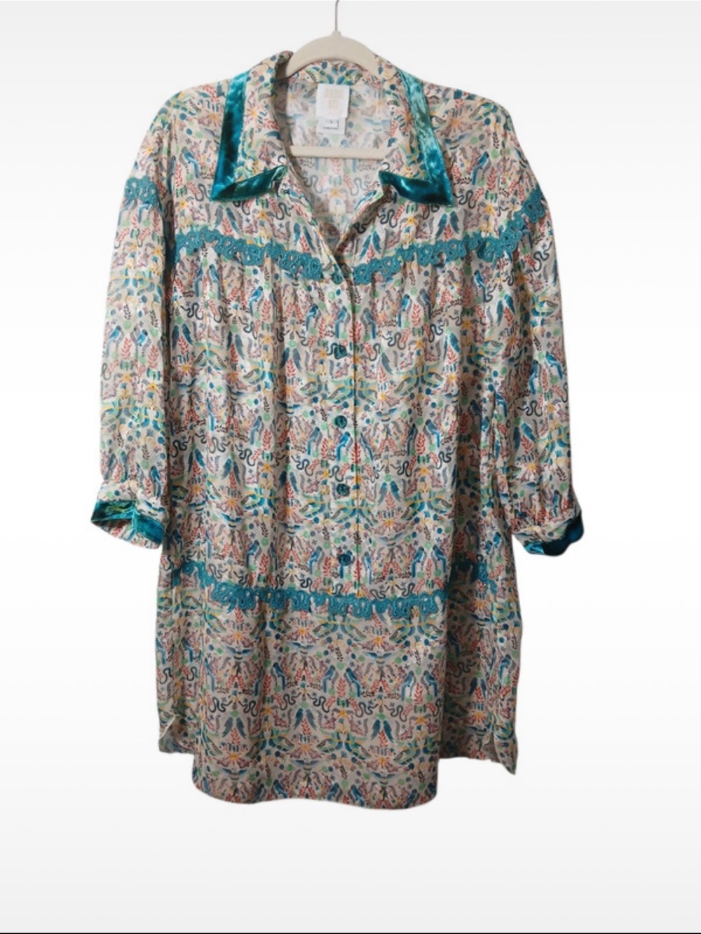 Anna Sui Boho Velvet Trim Printed Tunic Mini Dress - Long Sleeve Button Front L